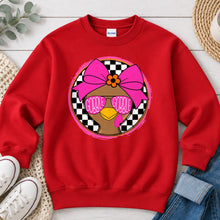 Load image into Gallery viewer, Gobble Gobble Pink Bow Checkered Thanksgiving design on Red crewneck sweatshirt
