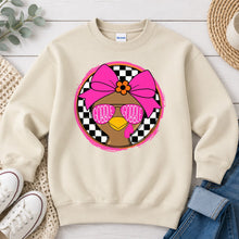 Load image into Gallery viewer, Gobble Gobble Pink Bow Checkered Thanksgiving design on Sand crewneck sweatshirt
