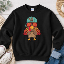 Load image into Gallery viewer, Gobble Gobble Turkey Boy Cap Thanksgiving design on Black crewneck sweatshirt
