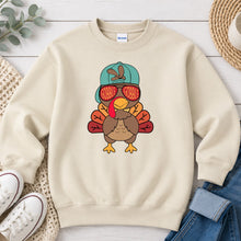 Load image into Gallery viewer, Gobble Gobble Turkey Boy Cap Thanksgiving design on Sand crewneck sweatshirt
