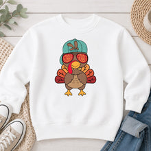 Load image into Gallery viewer, Gobble Gobble Turkey Boy Cap Thanksgiving design on White crewneck sweatshirt
