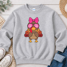 Load image into Gallery viewer, Gobble Gobble Turkey Girl Bow Thanksgiving design on Ash Grey crewneck sweatshirt
