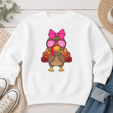 Load image into Gallery viewer, Gobble Gobble Turkey Girl Bow Thanksgiving design on White crewneck sweatshirt
