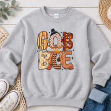 Load image into Gallery viewer, Gobble Patchwork Thanksgiving design on Ash Grey crewneck sweatshirt
