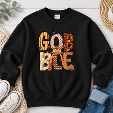 Load image into Gallery viewer, Gobble Patchwork Thanksgiving design on Black crewneck sweatshirt
