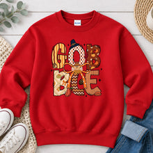 Load image into Gallery viewer, Gobble Patchwork Thanksgiving design on Red crewneck sweatshirt
