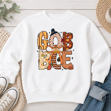Load image into Gallery viewer, Gobble Patchwork Thanksgiving design on White crewneck sweatshirt
