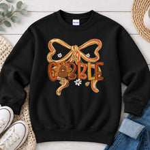 Load image into Gallery viewer, Gobble Turkey Bow Thanksgiving design on Black crewneck sweatshirt
