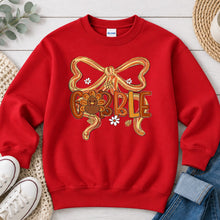 Load image into Gallery viewer, Gobble Turkey Bow Thanksgiving design on Red crewneck sweatshirt
