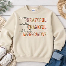 Load image into Gallery viewer, Grateful Thankful Appreciative Thanksgiving design on Sand crewneck sweatshirt
