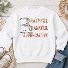 Load image into Gallery viewer, Grateful Thankful Appreciative Thanksgiving design on White crewneck sweatshirt

