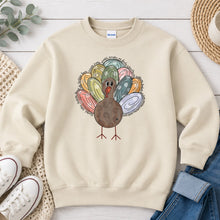 Load image into Gallery viewer, Pastel Turkey Thanksgiving design on Sand crewneck sweatshirt
