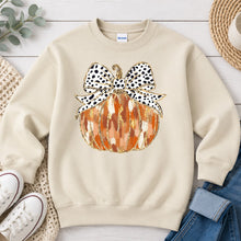 Load image into Gallery viewer, Pumpkin Dalmatian Bow Thanksgiving design on Sand crewneck sweatshirt
