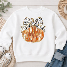 Load image into Gallery viewer, Pumpkin Dalmatian Bow Thanksgiving design on White crewneck sweatshirt
