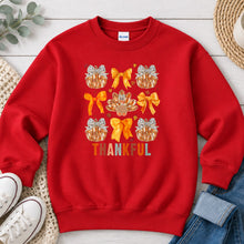 Load image into Gallery viewer, Thankful Pumpkins Turkey Bows Thanksgiving design on Red crewneck sweatshirt
