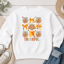Load image into Gallery viewer, Thankful Pumpkins Turkey Bows Thanksgiving design on White crewneck sweatshirt

