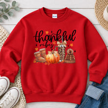 Load image into Gallery viewer, Thankful Vibes Thanksgiving design on Red crewneck sweatshirt
