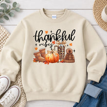 Load image into Gallery viewer, Thankful Vibes Thanksgiving design on Sand crewneck sweatshirt
