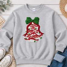 Load image into Gallery viewer, Tis The Season Knit Tree Christmas design on Ash Grey crewneck sweatshirt
