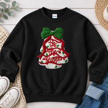 Load image into Gallery viewer, Tis The Season Knit Tree Christmas design on Black crewneck sweatshirt
