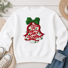Load image into Gallery viewer, Tis The Season Knit Tree Christmas design on White crewneck sweatshirt

