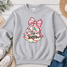 Load image into Gallery viewer, Tis The Season Tree Bell Christmas design on Ash Grey crewneck sweatshirt
