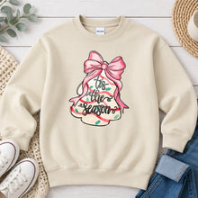 Load image into Gallery viewer, Tis The Season Tree Bell Christmas design on Sand crewneck sweatshirt
