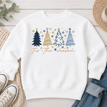 Load image into Gallery viewer, Tis The Season Trees Christmas design on White crewneck sweatshirt
