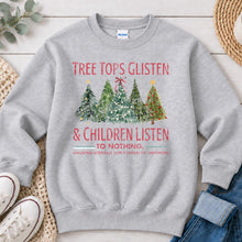 Load image into Gallery viewer, Tree Tops Glisten Red Christmas design on Ash Grey crewneck sweatshirt
