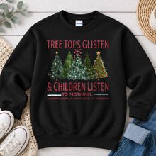 Load image into Gallery viewer, Tree Tops Glisten Red Christmas design on Black crewneck sweatshirt
