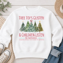 Load image into Gallery viewer, Tree Tops Glisten Red Christmas design on White crewneck sweatshirt
