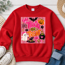 Load image into Gallery viewer, Trick Or Treat Pink Bows Striped Halloween design on Red crewneck sweatshirt
