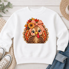 Load image into Gallery viewer, Turkey Gingham Bow Thanksgiving design on White crewneck sweatshirt
