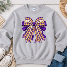 Load image into Gallery viewer, Purple Gold Plaid Pearl Bow Ash Grey
