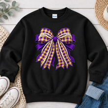 Load image into Gallery viewer, Purple Gold Plaid Pearl Bow Black

