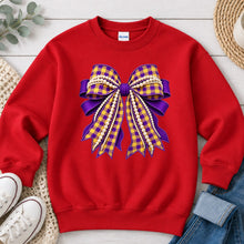 Load image into Gallery viewer, Purple Gold Plaid Pearl Bow Red
