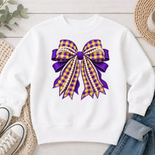 Load image into Gallery viewer, Purple Gold Plaid Pearl Bow White
