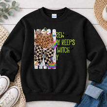 Load image into Gallery viewer, Witch Crew Leopard Pumpkin Halloween design on Black crewneck sweatshirt
