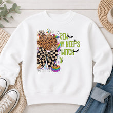 Load image into Gallery viewer, Witch Crew Leopard Pumpkin Halloween design on White crewneck sweatshirt
