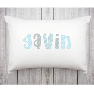 Boy Personalized Name Pillowcase Light Blue and Gray Alpha Name