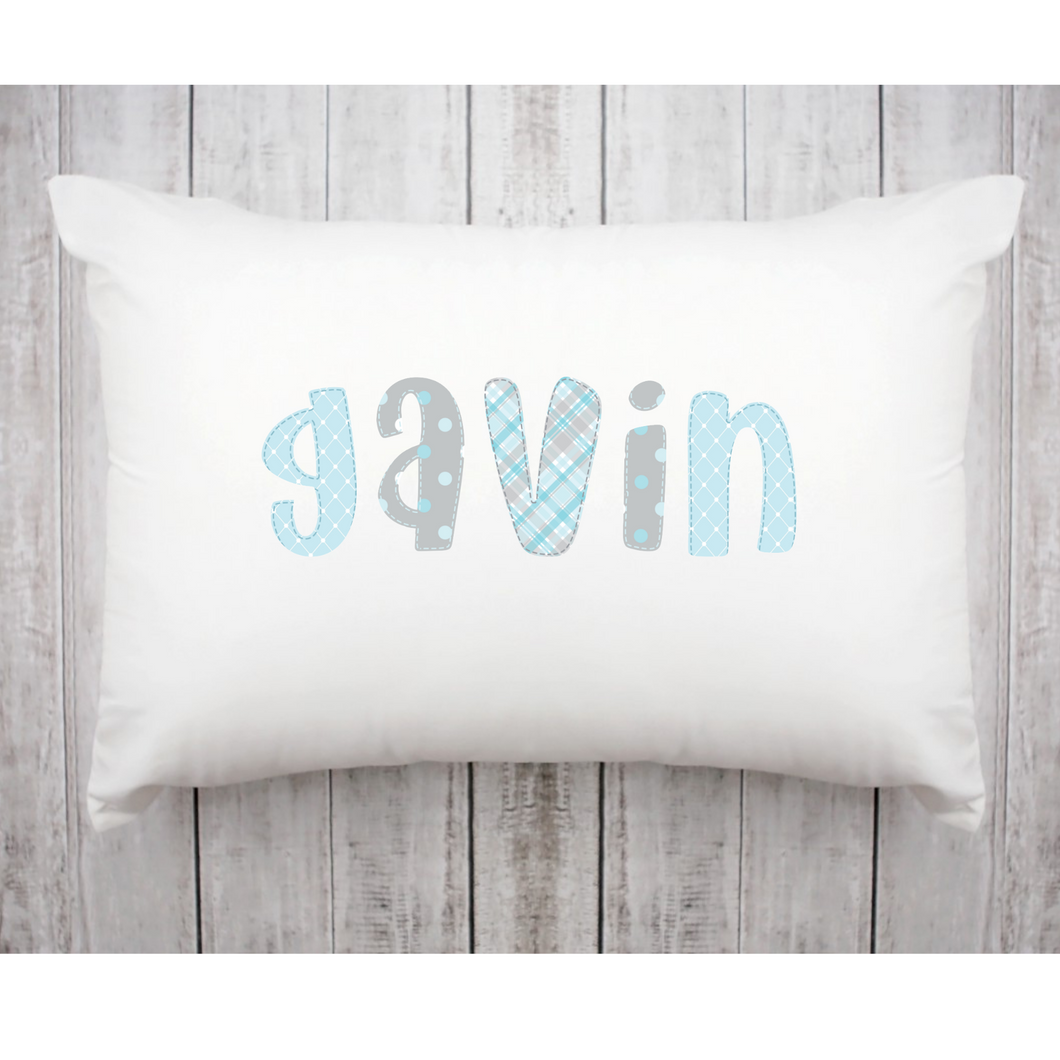 Boy Personalized Name Pillowcase Light Blue and Gray Alpha Name