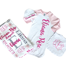 Load image into Gallery viewer, Baby Layette set 4 PC Layette set Blanket, gown, hat, bib
