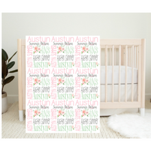 Load image into Gallery viewer, Personalized Name Monogram Girl Blanket Pink Coral Green Floral AUSTYN
