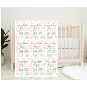 Personalized Name Monogram Girl Blanket Pink Coral Green Floral AUSTYN