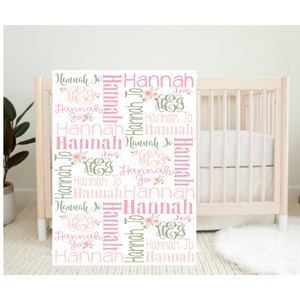 Personalized Name Blanket Girl Pink Coral Green Floral HANNAH