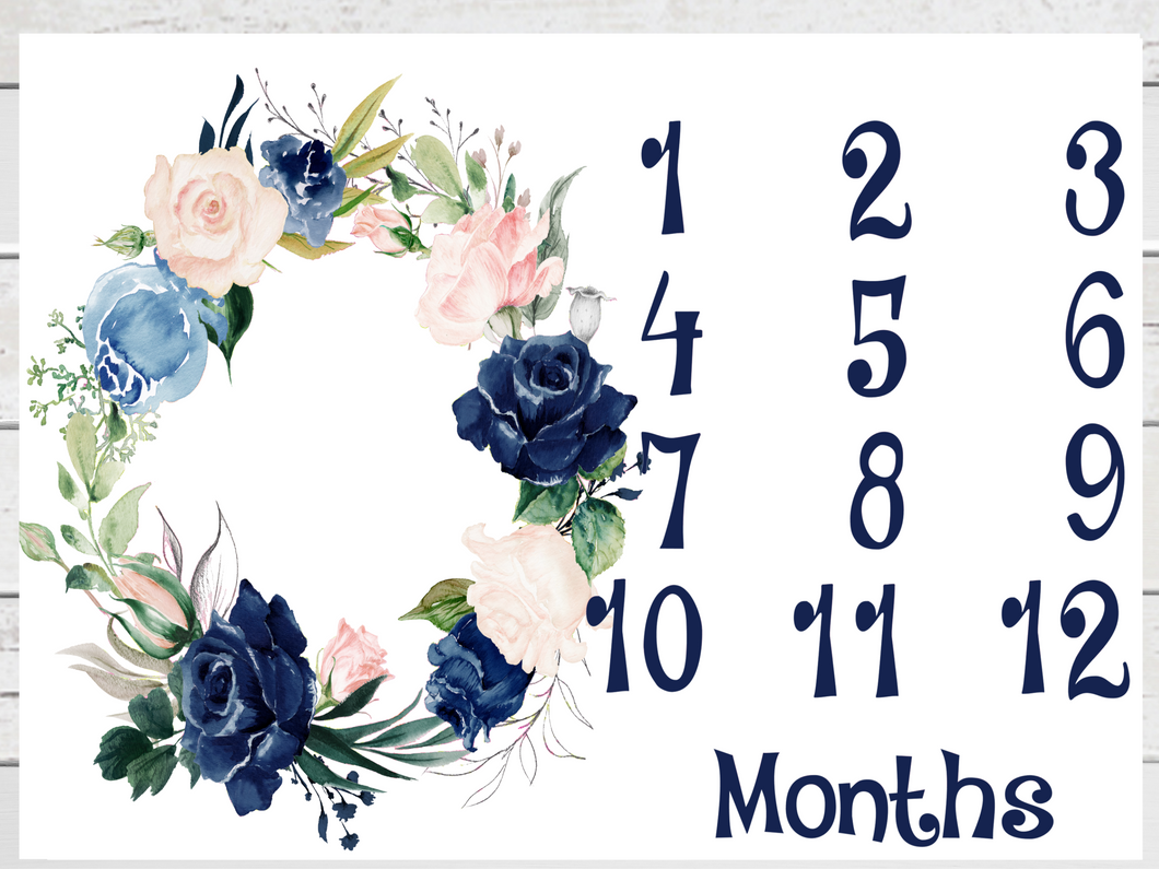 Personalized Milestone Blanket Girl Floral Wreath Navy Blush