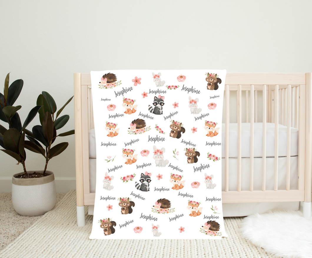 Personalized Name Blanket Girl Coral Woodland Animals JOSEPHINE