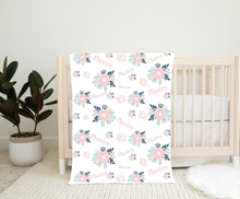 Load image into Gallery viewer, Personalized Name Blush and Navy Floral Blanket MARLEY
