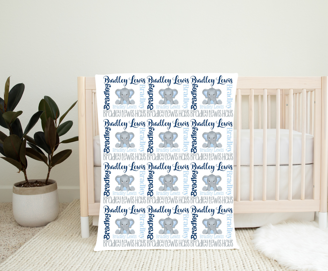 Personalized Name Blanket boy Blue Elephant BRADLEY