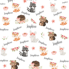 Load image into Gallery viewer, Personalized Name Blanket Girl Coral Woodland Animals JOSEPHINE
